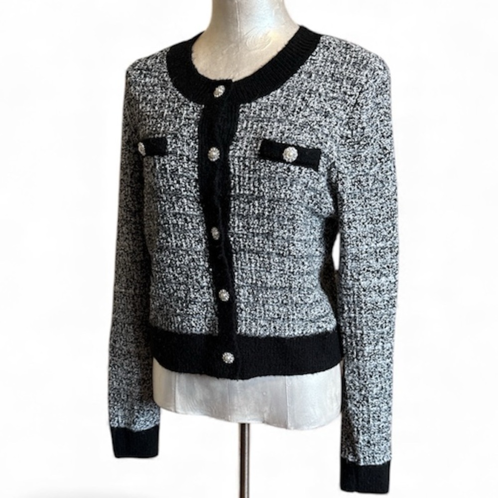 Laundry Shelli Segal Bouclé Tweed Cardigan Pearl Button Sweater Medium
